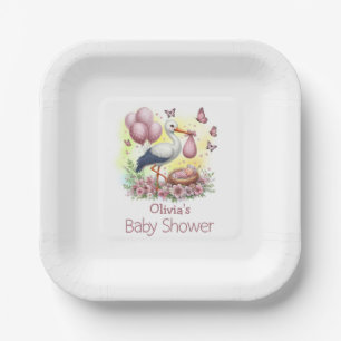 Assiettes En Carton Baby shower de la petite fille de la cigogne rose