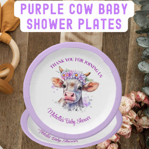Assiettes En Carton Baby shower de la vache Floral pourpre