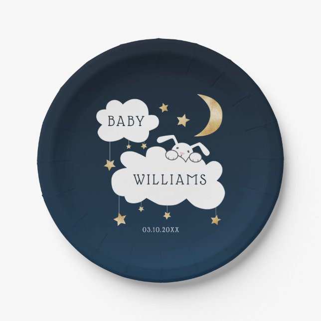 Assiettes En Carton Baby shower de lapin doux Marine Blue Gold (Devant)