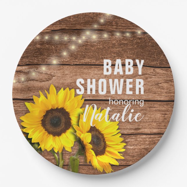 Assiettes En Carton Baby shower de lumière de tournesol rustique en bo (Devant)
