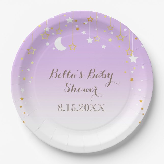 Assiettes En Carton Baby shower de lune aux étoiles violettes (Devant)
