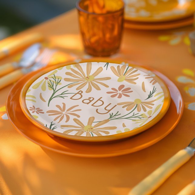Assiettes En Carton Baby shower de marguerites jaunes et orange (Créateur téléchargé)