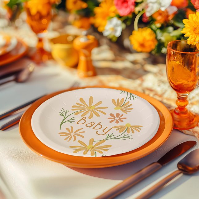 Assiettes En Carton Baby shower de marguerites orange et jaune (Créateur téléchargé)