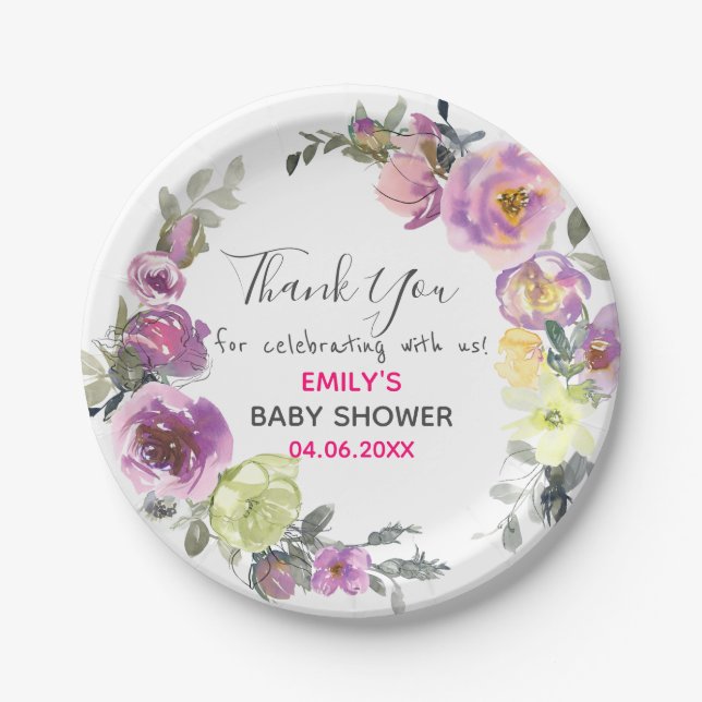 Assiettes En Carton Baby shower de Merci de  de couronne de fleurs vio (Devant)