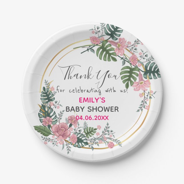Assiettes En Carton Baby shower de Merci de  rose fleuri (Devant)