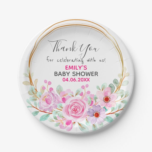Assiettes En Carton Baby shower de Merci de  rose fleuri (Devant)