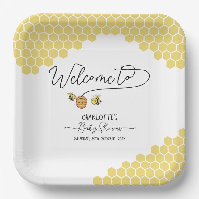 Assiettes En Carton Baby shower de nid d'abeille mignonne (Recto)