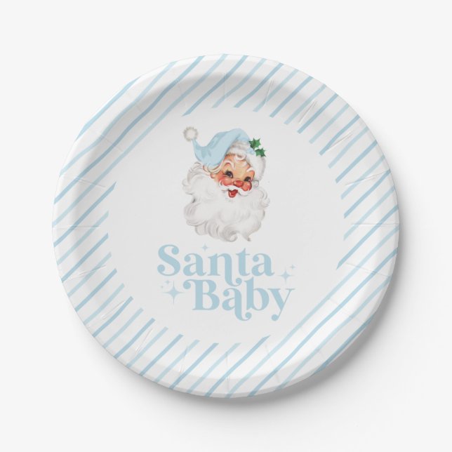 Assiettes En Carton Baby shower de Noël Bébé Retro Blue Père Noël (Devant)