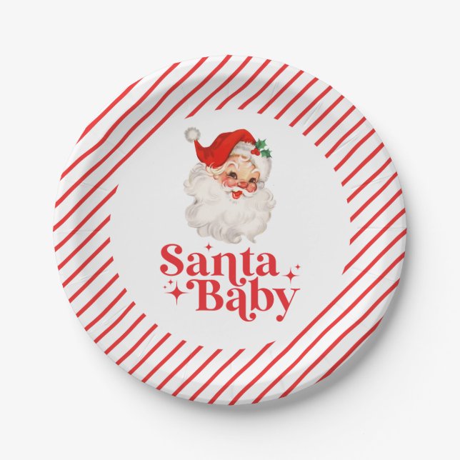 Assiettes En Carton Baby shower de Noël Retro Père Noël Baby (Devant)
