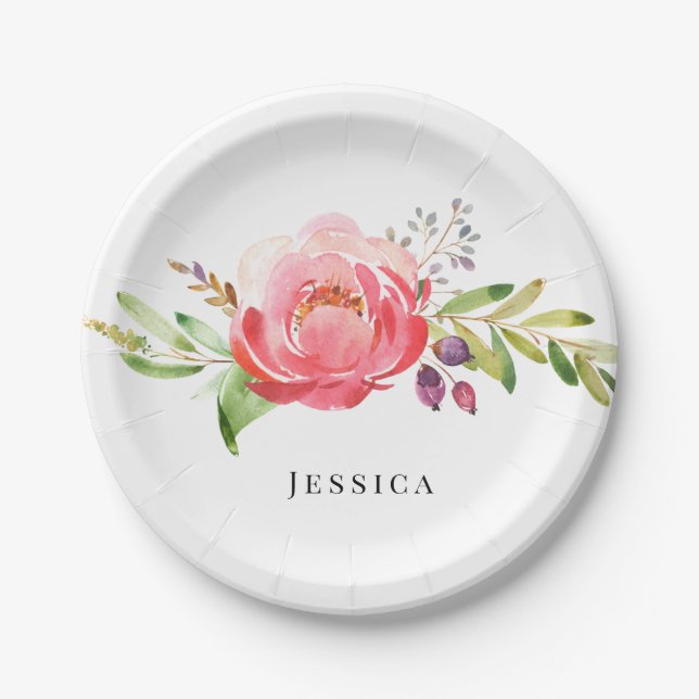 Assiettes En Carton Baby shower de nom floral rose (Devant)