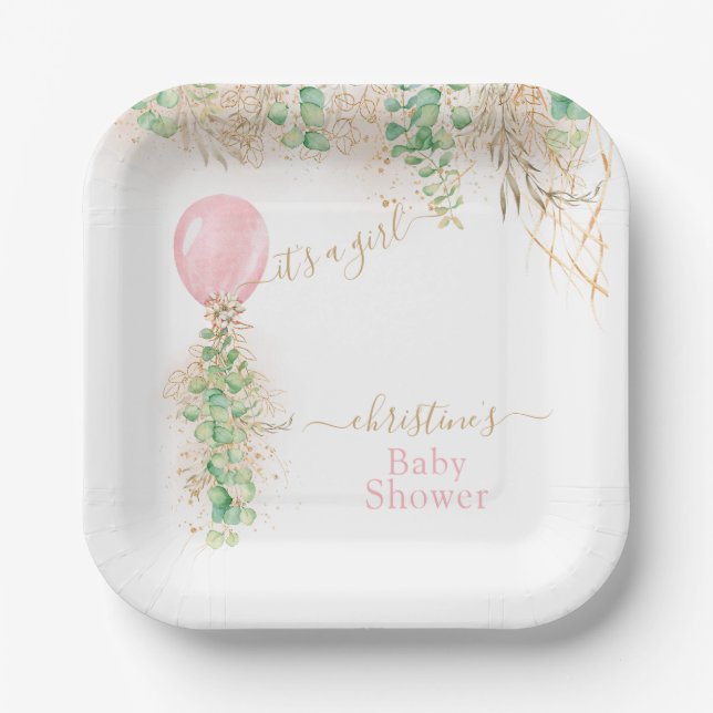 Assiettes En Carton Baby shower de Parties scintillant en or Eucalyptu (Recto)