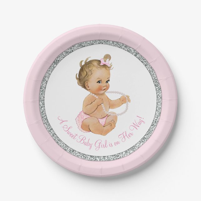Assiettes En Carton Baby shower de perle rose gris argent (Devant)