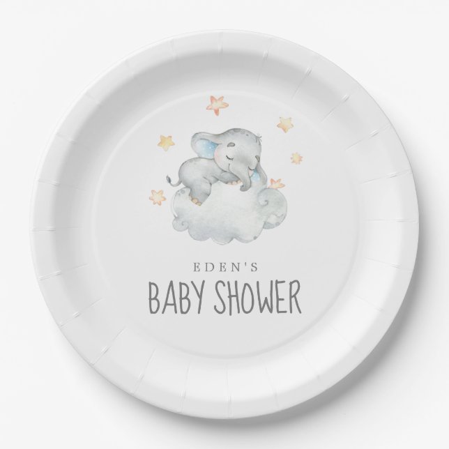 Assiettes En Carton Baby shower de petit éléphant dormant (Devant)