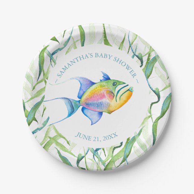 Assiettes En Carton Baby shower de poissons tropicaux (Devant)