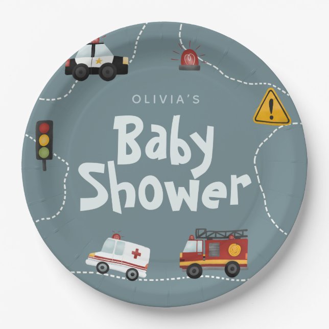 Assiettes En Carton Baby shower de police bleu moderne (Devant)