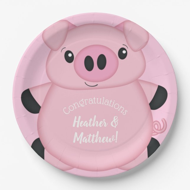 Assiettes En Carton Baby shower de porc rose (Devant)