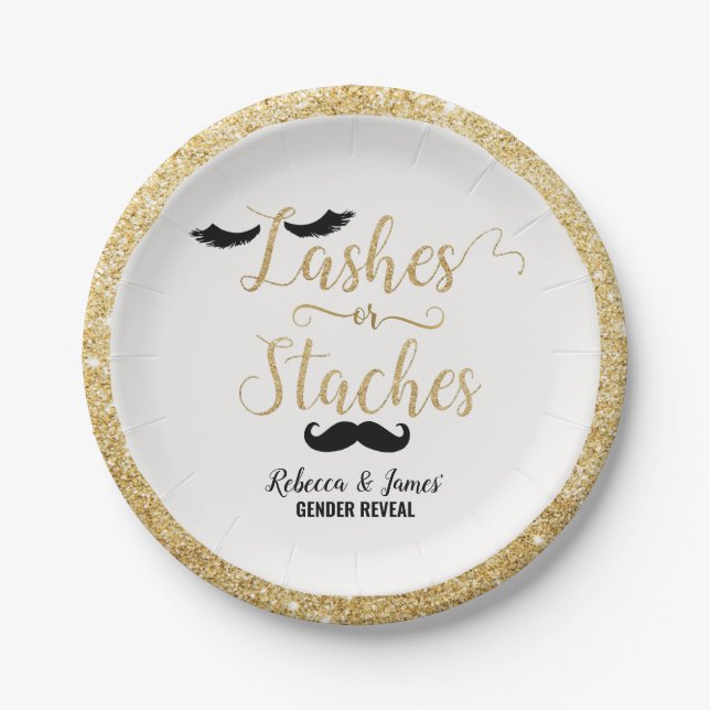 Assiettes En Carton Baby shower de révélation de genre Lashes ou Stach (Devant)