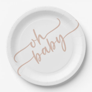 Assiettes En Carton baby shower de script beige "Oh Baby"
