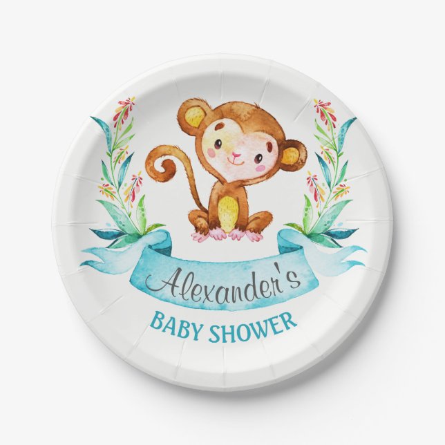 Assiettes En Carton Baby shower de singe d'aquarelle (Devant)