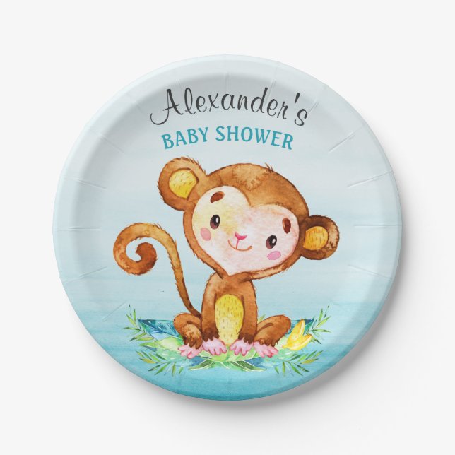 Assiettes En Carton Baby shower de singe d'aquarelle (Devant)