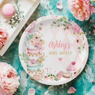 Assiettes En Carton Baby shower de thé Fleur rose bébé est en train de