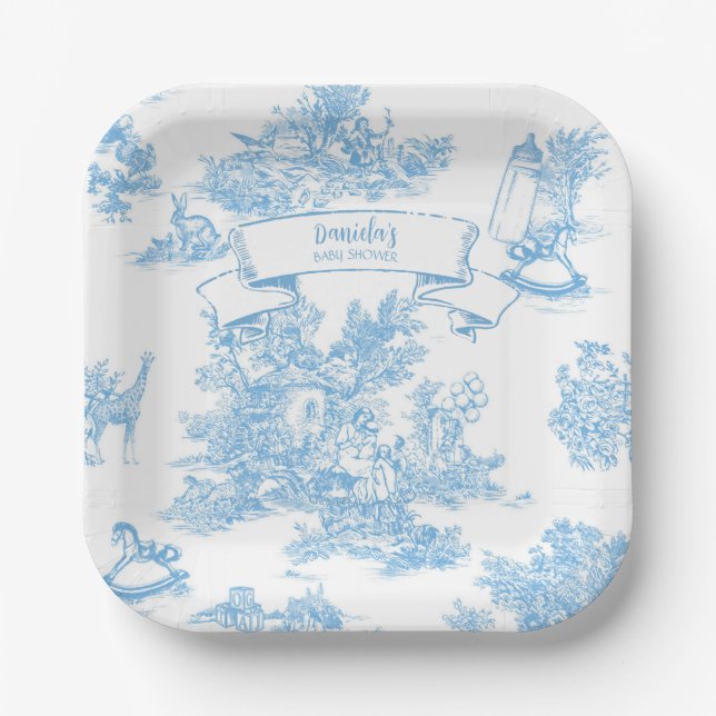 Assiettes En Carton Baby shower de toile bleu et blanc de Jouy (Recto)