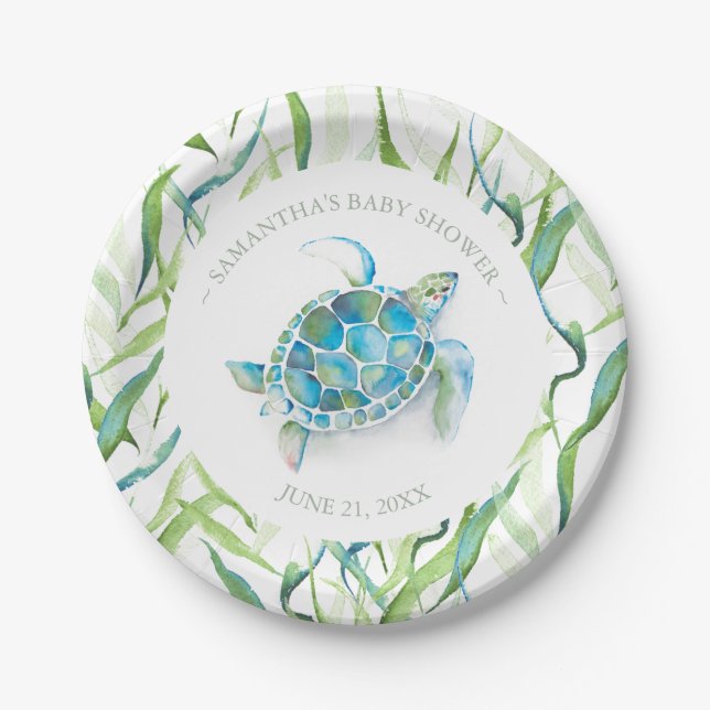 Assiettes En Carton Baby shower de tortue bleu et vert tropicale (Devant)