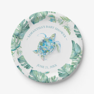 Assiettes En Carton Baby shower de tortue bleu et vert tropicale