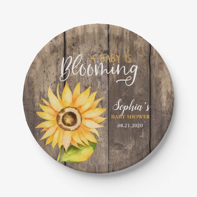 Assiettes En Carton Baby shower de tournesol jaune rustique (Devant)