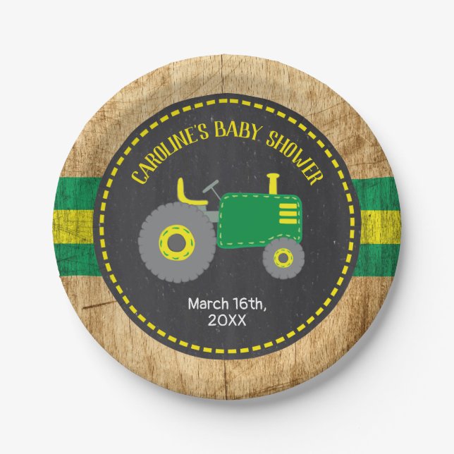 Assiettes En Carton Baby shower de tracteur rustique vert et jaune (Devant)