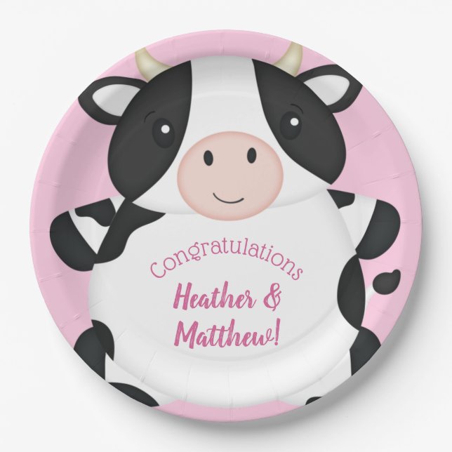 Assiettes En Carton Baby shower de vache rose (Devant)