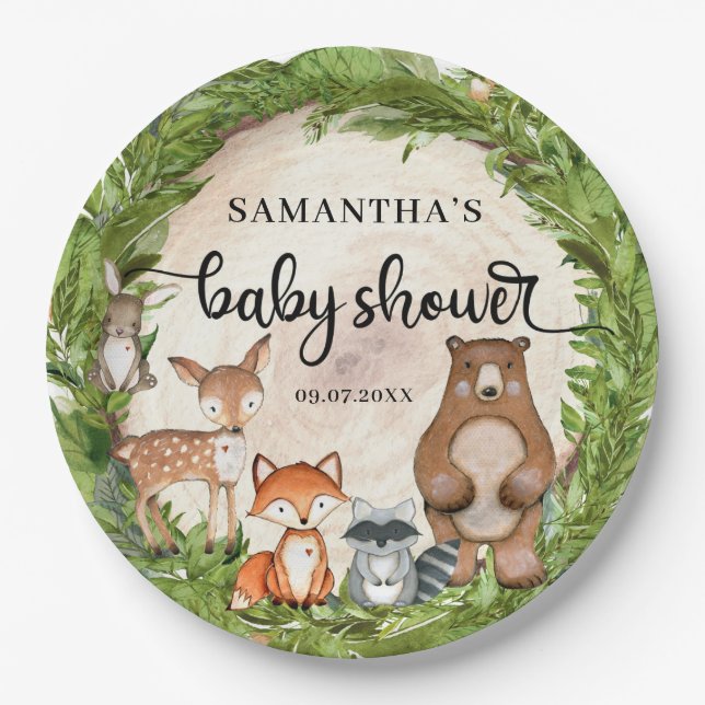Assiettes En Carton Baby shower de végétation en tranche de bois (Devant)