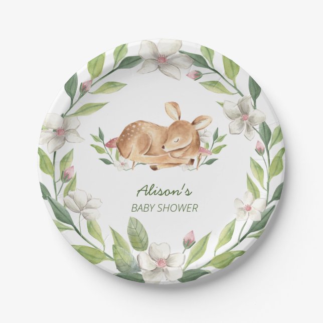 Assiettes En Carton Baby shower de végétation fleurie de cerfs de bois (Devant)