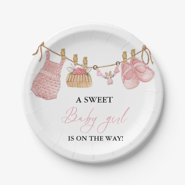 Assiettes En Carton Baby shower de vêtements Bohême pour fille rose (Devant)