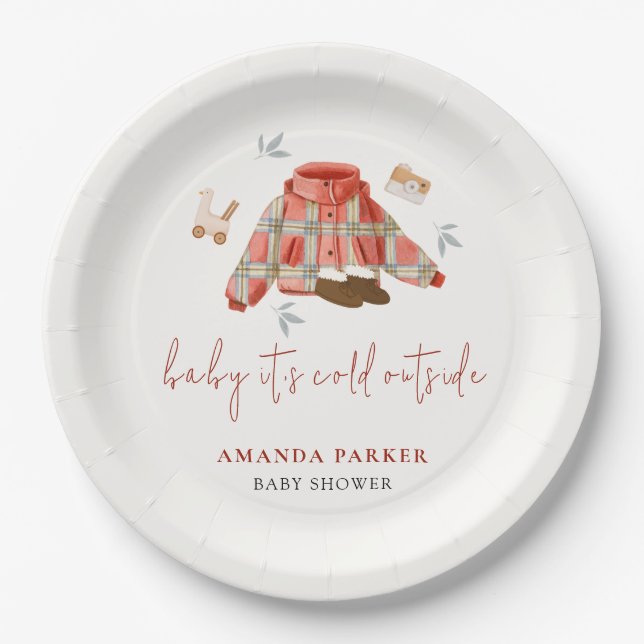 Assiettes En Carton Baby shower de vêtements d'hiver plaid (Devant)