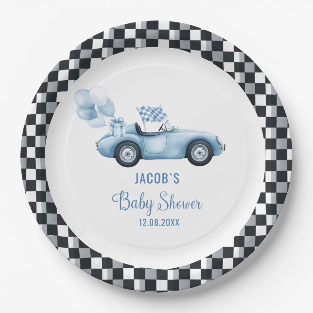 Assiettes En Carton Baby shower de voiture de course aquarelle (Devant)