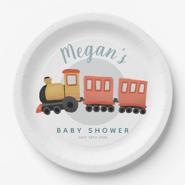 Assiettes En Carton Baby shower de voyage en train moderne Boys Cute (Devant)