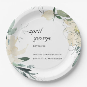 Assiettes En Carton Baby shower D'EAU FLORALE FLORALE EN IVOIRE CLAIR