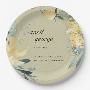 ASSIETTES EN CARTON BABY SHOWER D'EAU FLORALE JAUNE DE KRAFT