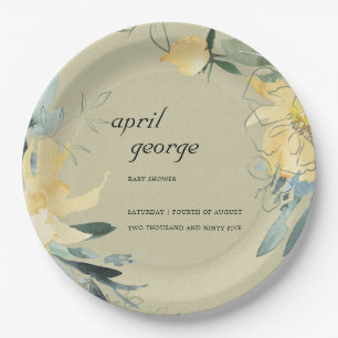 Assiettes En Carton Baby shower D'EAU FLORALE VERTE JAUNE KRAFT