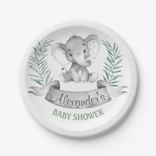 Assiettes En Carton Baby shower d'éléphant aquarelle