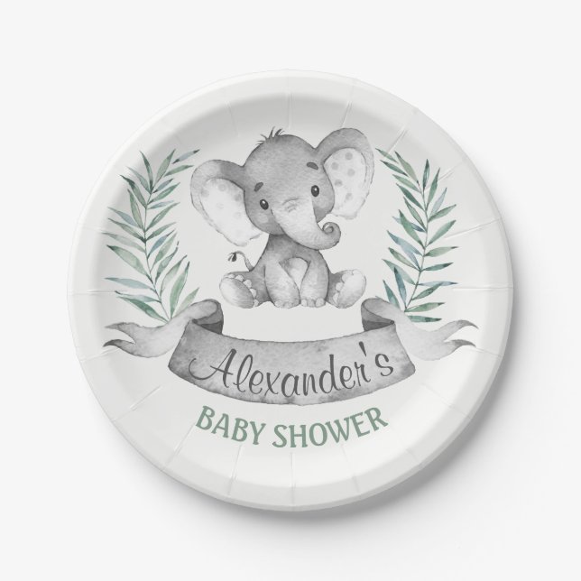 Assiettes En Carton Baby shower d'éléphant aquarelle (Devant)