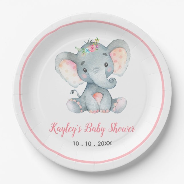 Assiettes En Carton Baby shower d'éléphant pour bébé fille (floral) (Devant)