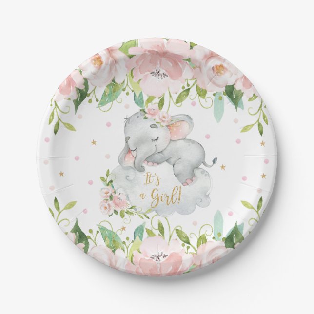 Assiettes En Carton Baby shower d'éléphant rose flou dormant (Devant)