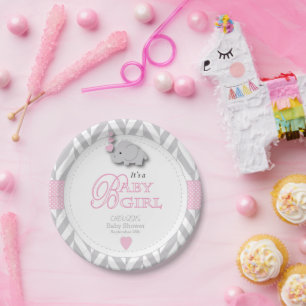 Assiettes En Carton Baby shower d'éléphant rose, gris blanc