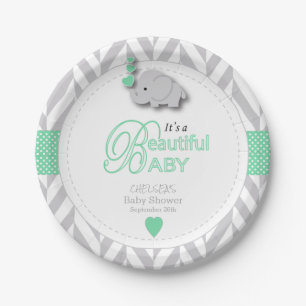 Assiettes En Carton Baby shower d'éléphant vert, gris blanc