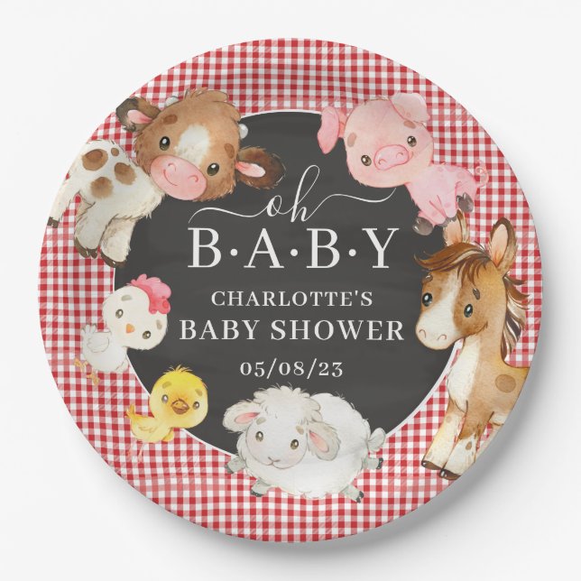 Assiettes En Carton Baby shower des animaux de ferme (Devant)