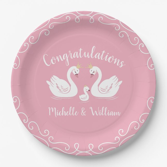Assiettes En Carton Baby shower des cygnes roses pour filles (Devant)