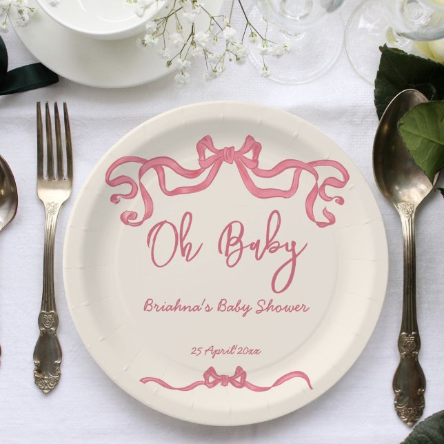Assiettes En Carton Baby shower d'esquisse à ruban rose (Pink ribbon bow scribble sketch baby shower template paper plates personalized tableware decor )