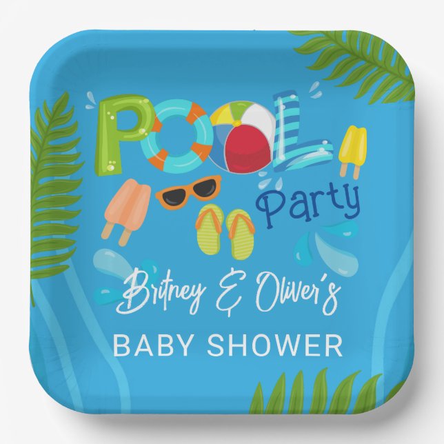 Assiettes En Carton Baby shower d'été de la fête de la piscine (Recto)
